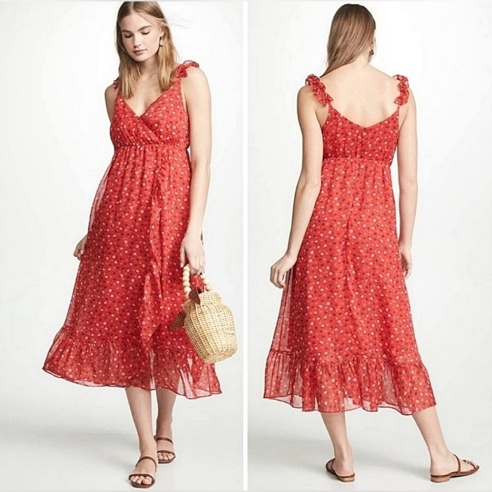 Madewell Women Ruffle Strap Flounce Midi Dress Red and Gold Floral Accents Sz:16
